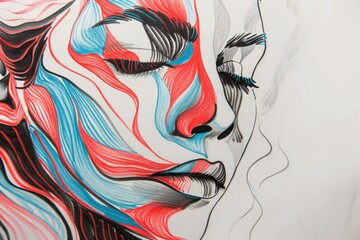 hand drawing of blue, black and red woman face, sketch