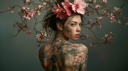 Portrait of a beautiful girl in a wreath with tattoos on her shoulders among trees and branches with flowers.