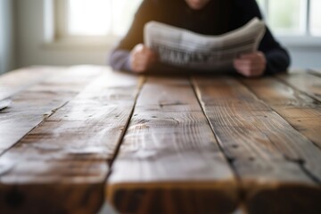 wood table, soft focus on person reading a newspaper behind