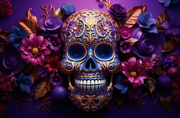 an elegant colorful day of the dead skull and flower decoration on purple background