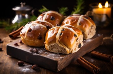 three raisin hot cross buns on top of a wooden surface