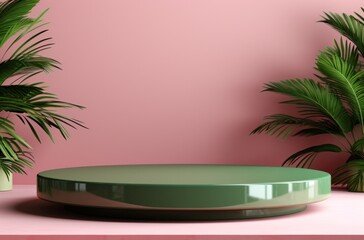 Obraz premium green cosmetics pedestal on pink wall with a green plant in background