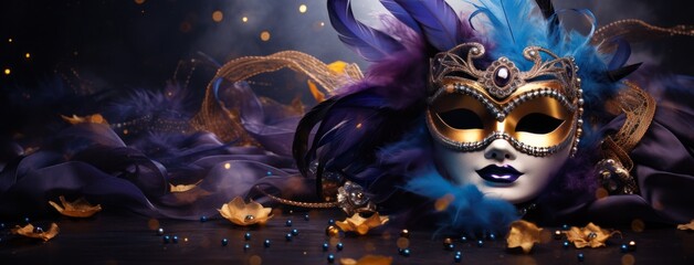 carnival mask in blue and purple color background with feathers - obrazy, fototapety, plakaty
