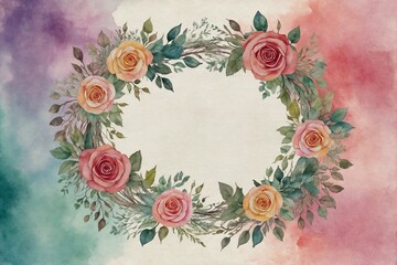 Fototapeta na wymiar watercolor wreath of pink and beige roses on colorful background
