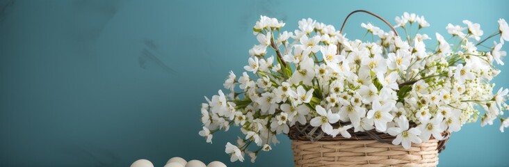 white easter basket with flowers in the vase