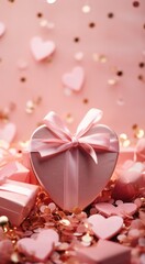 confetti with gold hearts and presents on a pink background