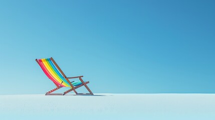 a single rainbow beach chair stands out against a clean, bright blue background, evoking a sense of tranquility and solitude