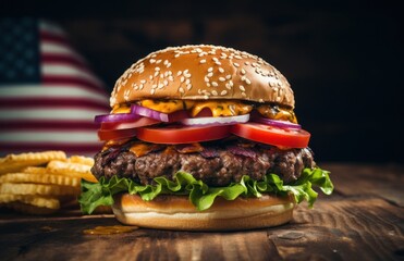burger on the table with american flag at the side