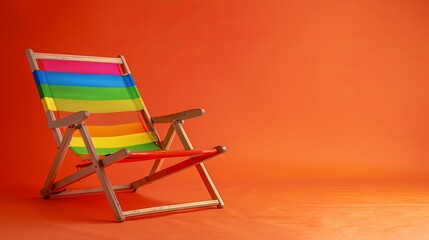 A single rainbow beach chair stands out against a clean, bright orange background, evoking a sense of tranquility and solitude