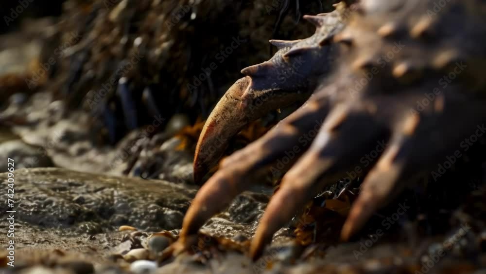 Poster closeup of the sharp claws of a oose as it deftly digs through the crevices in the rocky shore searc