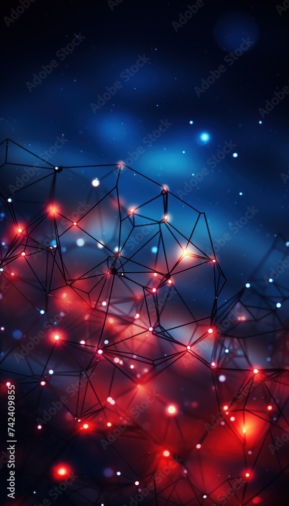 Poster an image of a computer network with red light and lines