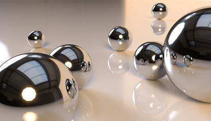 Metal Balls on Surface with Reflection and Shadow.