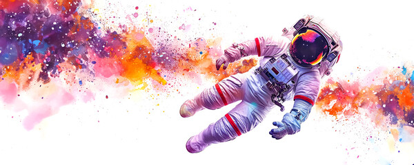 Watercolor painting of astronaut floating amidst vibrant, colorful cosmic, abstract art style