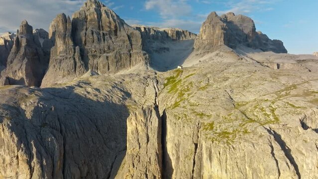 Sunrise at Sella Group. Aerial View. Dolomites, Italy