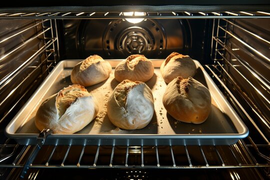 Tray In An Oven With Rising Bread Loaves