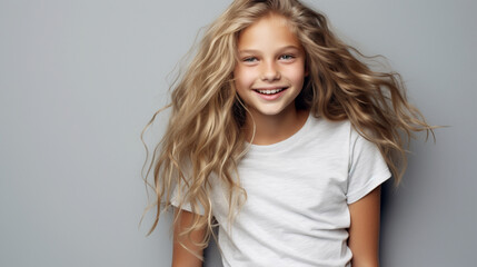 Fototapeta premium Smiling teenage girl in white t-shirt on a gray background mockup. Scandinavian girl model. Childhood lifestyle concept. Mockup copy space