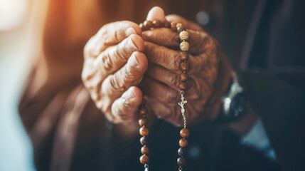 Closeup of monk's hands holding a rosary - Powered by Adobe