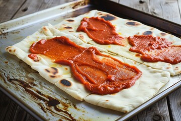 spreading tomato sauce on a flatbread on a tray