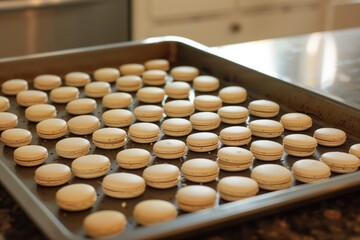tray with rows of uncooked macarons