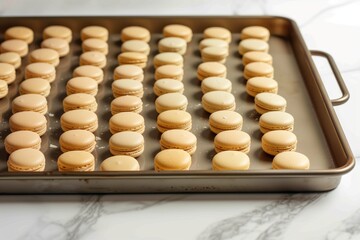 tray with rows of uncooked macarons