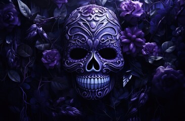 purple day of the dead sugar skull, purple flowers and leaves