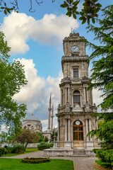 Morning shot of Dolmabahce Clock Tower, or Dolmabahce Saat Kulesi, situated outside Dolmabahce...