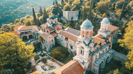 Aerial view of a generic old orthodox monastery - obrazy, fototapety, plakaty