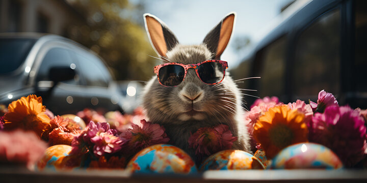easter rabbit with sunglasses and painted eggs looking out from back of a car. Happy easter cute bunny in sunglasses with colorful easter eggs