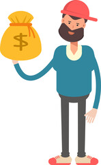 Man Wearing Red Cap Character Holding Dollar Sack
