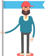 Man Wearing Red Cap Character Holding Flag Pole
