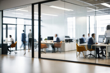 Blurred office with people working behind glass wall  - obrazy, fototapety, plakaty