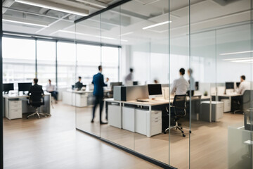 Blurred office with people working behind glass wall 