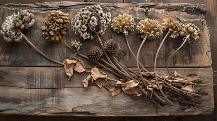 Dried floral seed heads on wood.