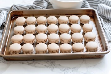baking tray with rows of macarons ready to bake