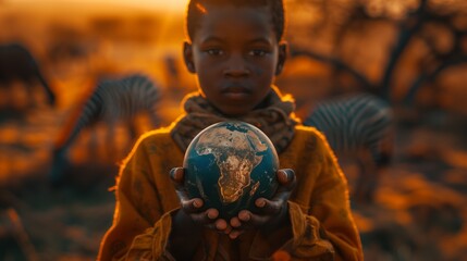 a young boy is holding a globe in his hands