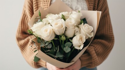 An elegant bouquet of white roses wrapped in brown craft paper