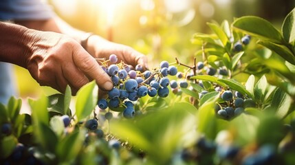 Gardener's hands picking blueberries
