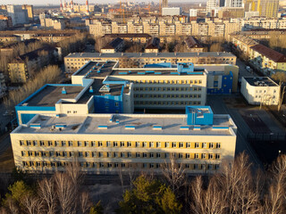 Tyumen, Russia - April 25, 2023: Bird eye view onto Gymnasium No. 16