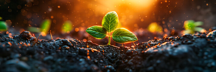 Young plant sprouting from the ground, symbolizing growth, new beginnings, and the nurturing aspects of nature and ecology - obrazy, fototapety, plakaty