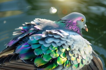 Fototapeta premium pigeon with iridescent feathers bathing in sunlight