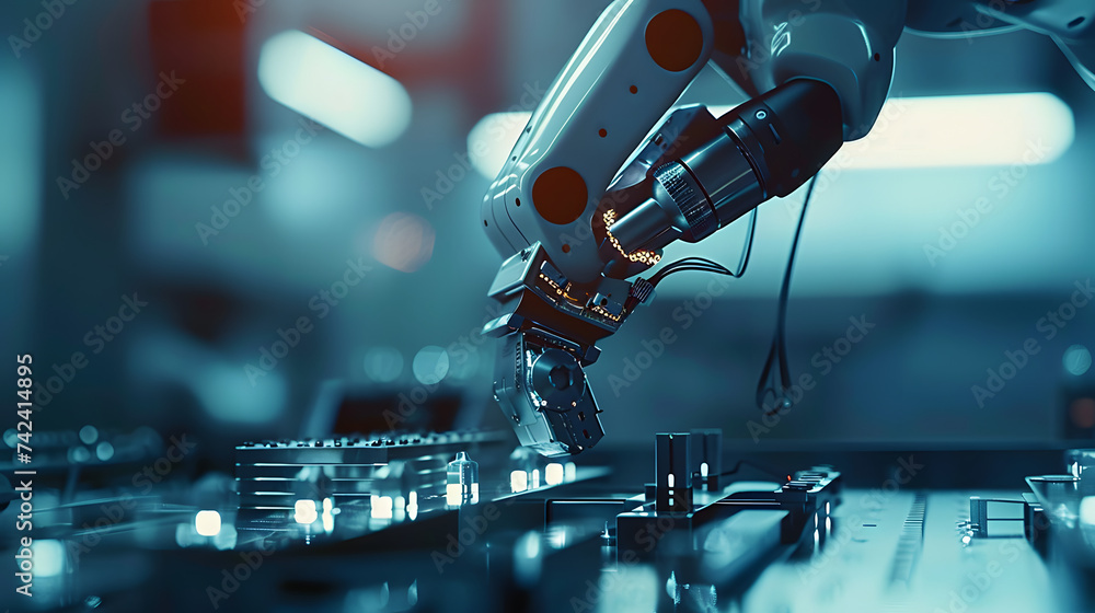 Poster close up robotic arm working in hi tech technology factory for complex product assembly automation