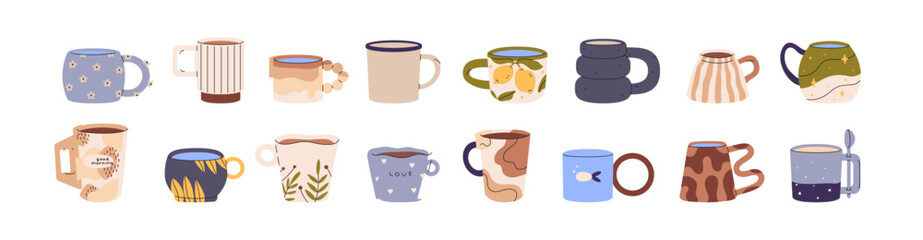 Different pottery cups set. Various handmade tea mugs with cute print. Decorated ceramic teacups for hot drinks. Colored ornamented kitchenware for coffee. Flat isolated vector illustration on white