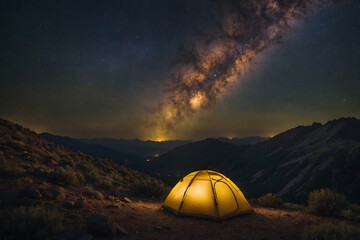 Landscape view a yellow tent with light inside installed on mountain with realistic beautiful milky way galaxy in the sky at night time extra wide angle view. Camping fire travel or adventure business