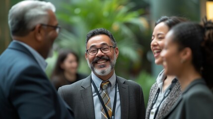 Smiling diverse professionals engaging in a friendly discussion at a corporate networking event