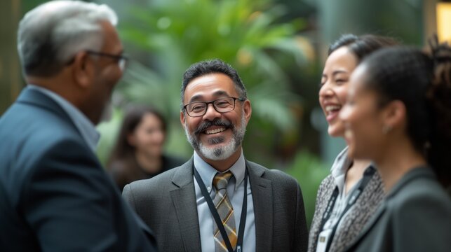 Smiling diverse professionals engaging in a friendly discussion at a corporate networking event