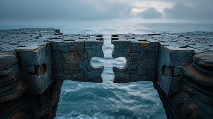 Stone bridge with a missing puzzle piece over a turbulent sea, concept of challenge and problem-solving in nature - obrazy, fototapety, plakaty