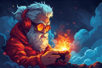 Stylized illustration of a cool, modern Santa Claus gaming on a smartphone, vibrant colors with a whimsical night sky backdrop