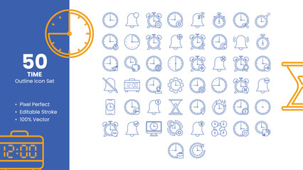 Set of 50 Outline Icons Related to Time. Pixel Perfect Icon. Outline Icon Collection. Fully Editable. Vector Illustration.