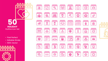 Set of 50 Outline Icons Related to Holiday. Pixel Perfect Icon. Outline Icon Collection. Fully Editable. Vector Illustration.