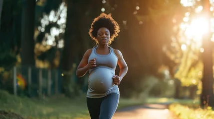 Fototapeten A pregnant African American woman enjoys jogging in a sunlit park. © mariiaplo
